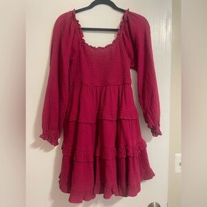 Smocked Tiered Mini Dress in Wine Pink